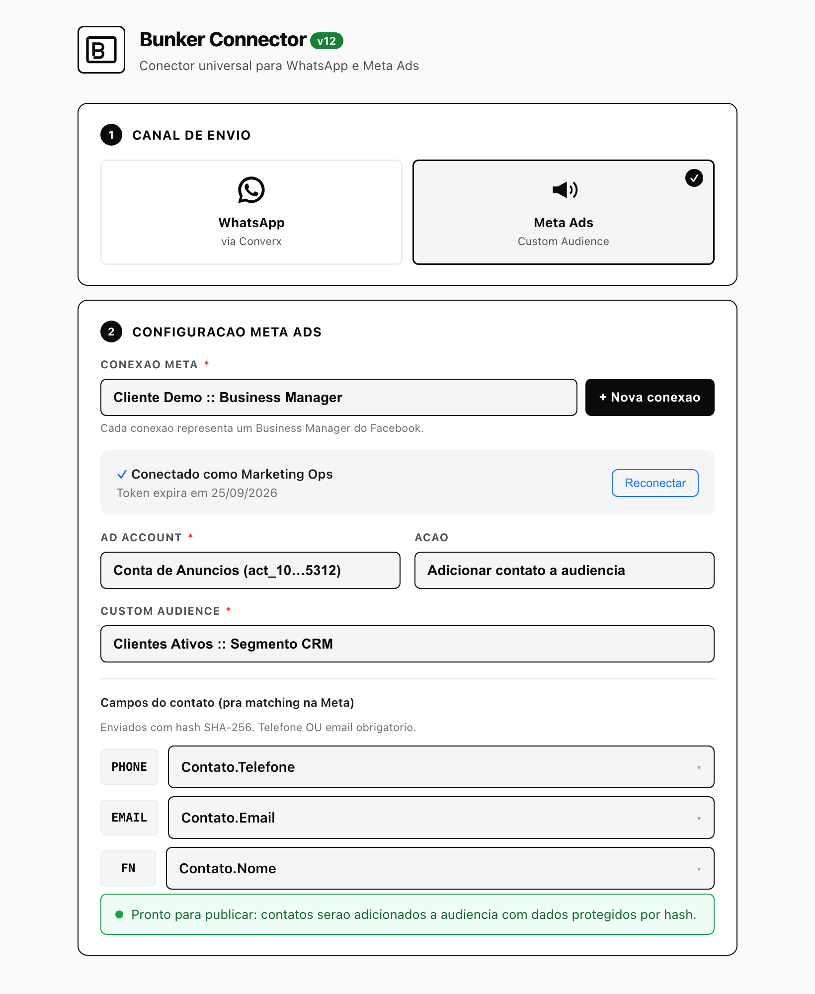 Interface de configuração do Bunker Connector, mostrando a seleção de conexão Meta, conta de anúncios, Público Personalizado e o mapeamento de campos do contato.